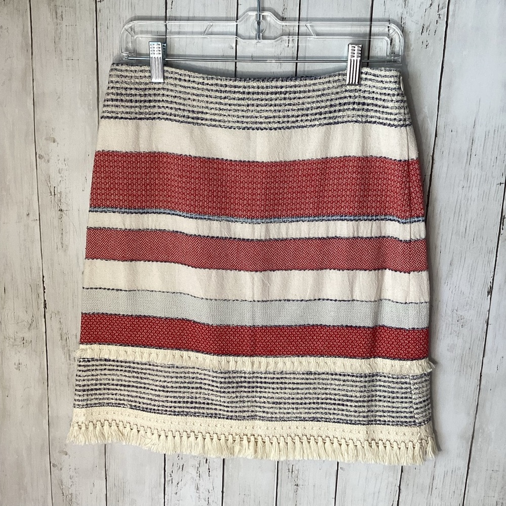 J. McLaughlin Skirt Red Cream Carmela Boho Fringe Tweed Pencil 2 XS